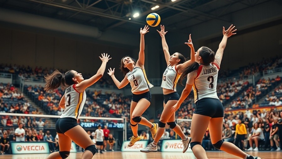 Energetic female volleyball players showcasing teamwork dynamics in a packed stadium.