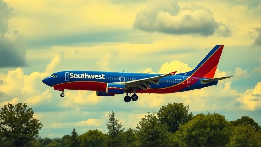 Vibrant Southwest Airlines airplane under a cloudy sky, representing Dallas business resources.