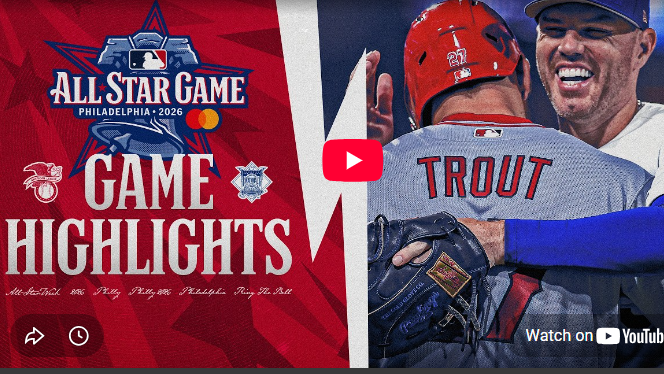 2026 MLB All-Star Game Highlights with players hugging joyfully.