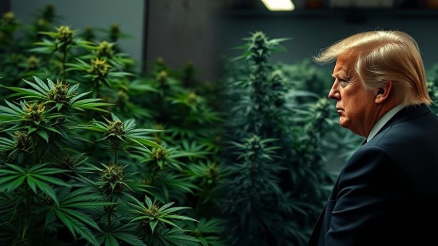 Photorealistic view of dense cannabis plants with contrasting imagery of Trump, highlighting youth drug use normalization.