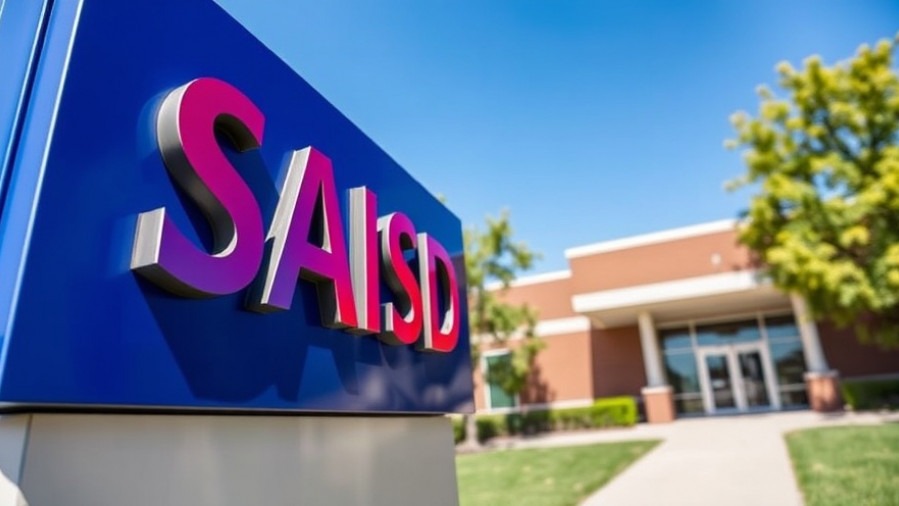 SAISD sign outside office building, vibrant colors and clear sky, San Antonio community news.