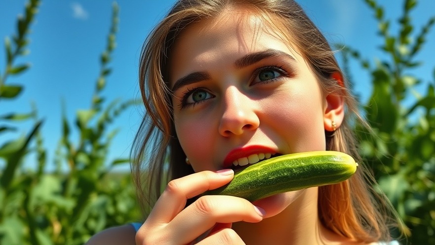 Young woman enjoying healthy living in Austin, biting a cucumber outdoors.