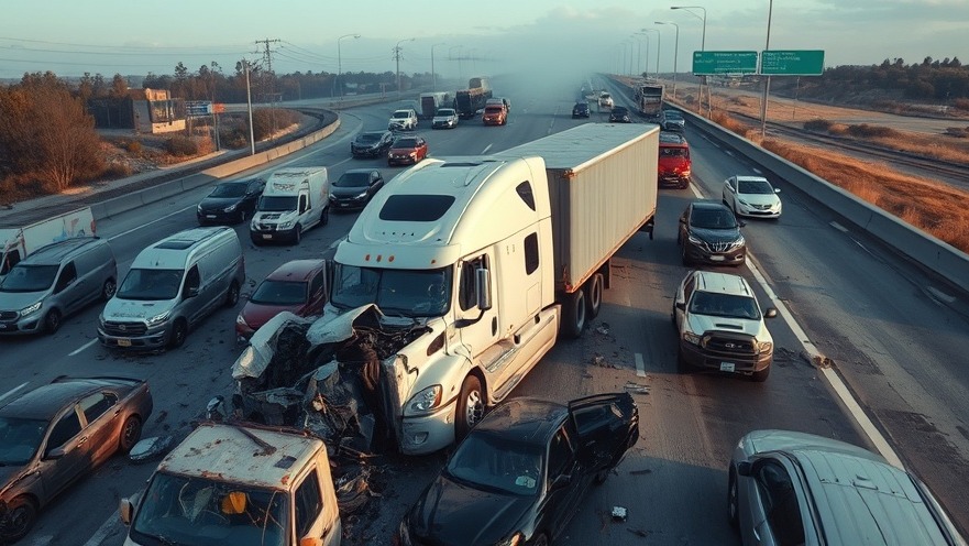 Aerial view of a severe highway wreck involving multiple vehicles and an 18-wheeler, highlighting truck driver safety.