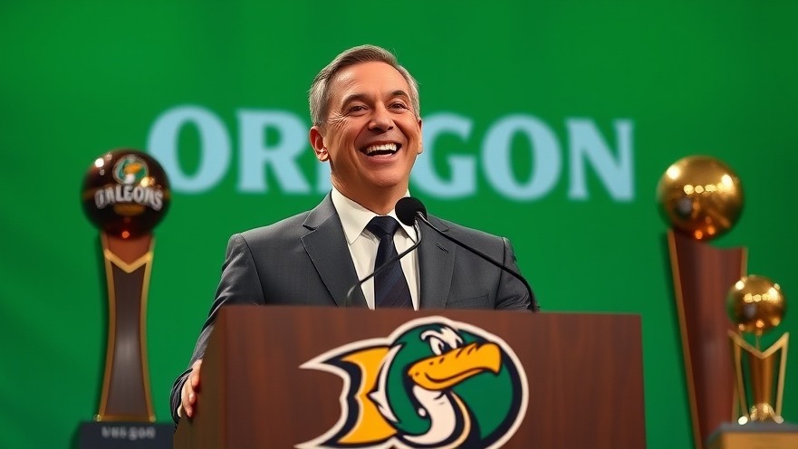 Confident speaker at Oregon Ducks news event with trophies, vibrant backdrop.