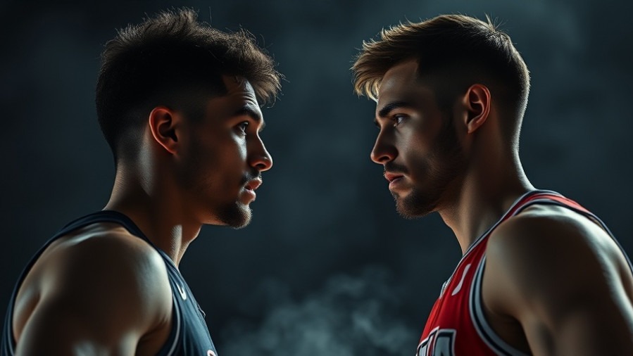 Intense NBA highlights of focused players facing off in dynamic lighting.