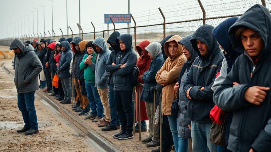 Long line of immigrants at a checkpoint reflecting immigration policy changes.