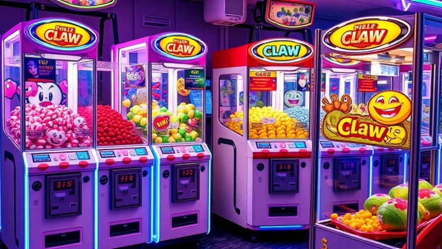 Colorful claw machines at a game arcade in Austin, TX, showcasing fun and excitement.