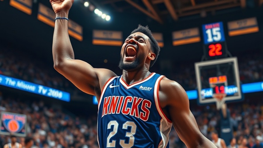 Excited Knicks player celebrates amidst vibrant NBA match highlights in a packed arena.