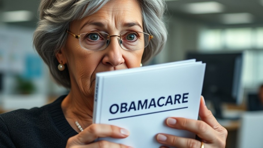 Concerned older woman reading 'OBAMACARE' in an office, reflecting healthcare reform news.