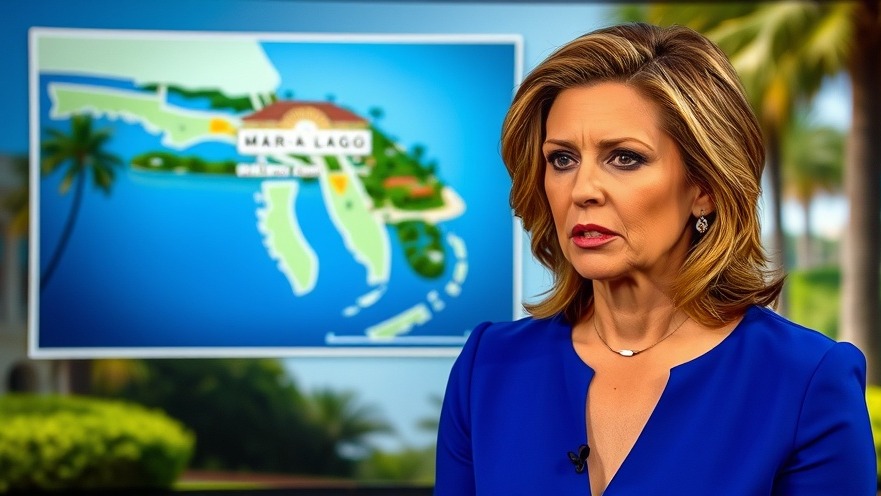 Woman discussing political discourse with Mar-a-Lago map backdrop, emphasizing responsible speech.