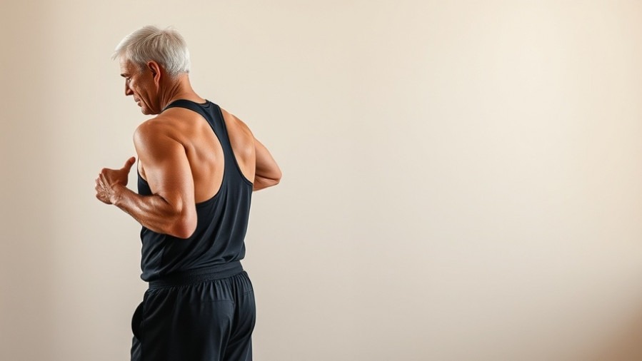 Older man demonstrating back exercise, promoting mental health awareness for seniors.