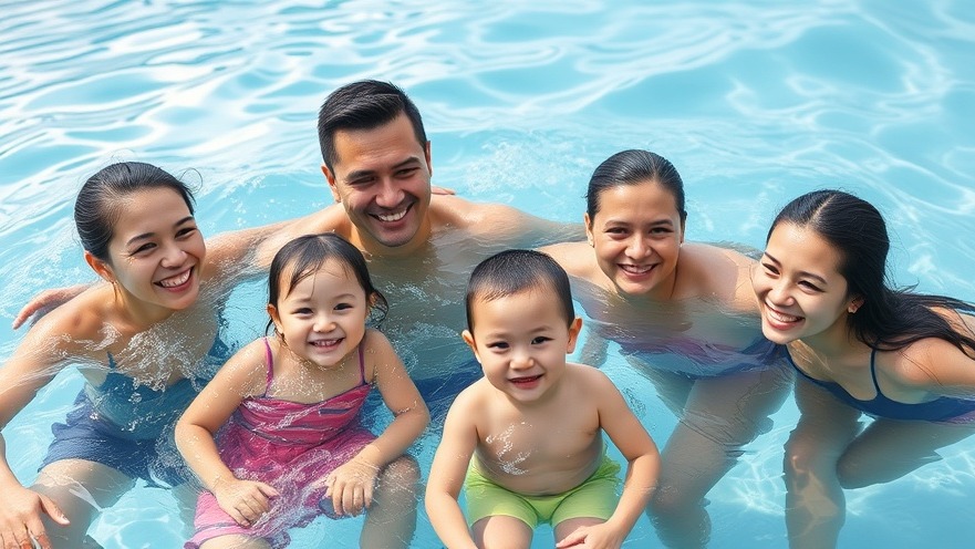 Families enjoying a swimming pool while promoting San Antonio heat safety.