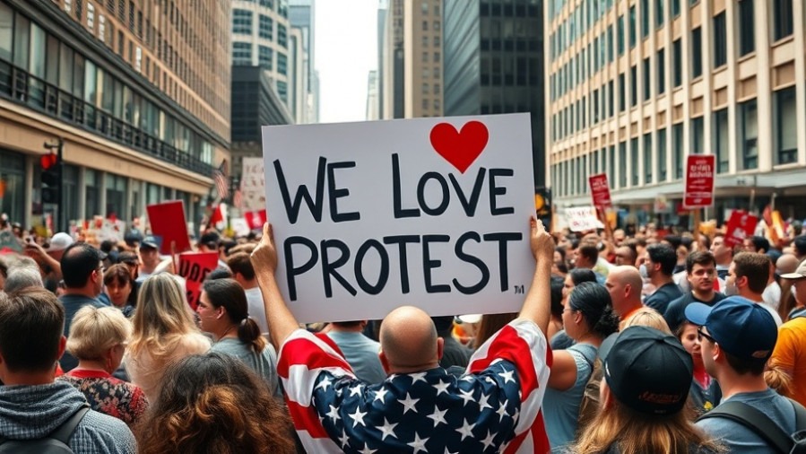 Vibrant Trump protests 2025 crowd with 'WE LOVE TO PROTEST' sign, wrapped in an American flag.