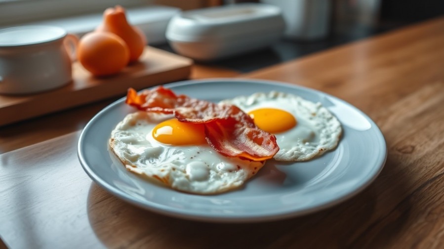 Healthy breakfast plate with eggs and bacon for mental wellness for seniors.