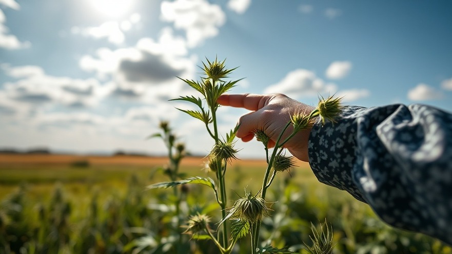 Hand touching a flowering hemp plant, showcasing Texas cannabis regulation and vibrant nature.