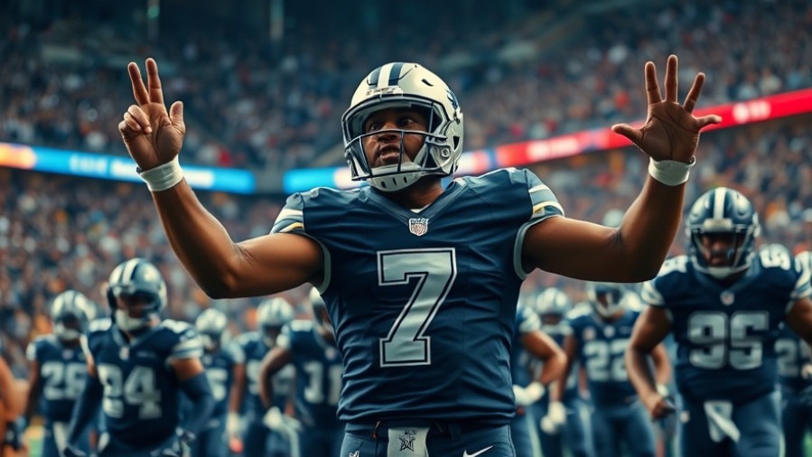 Dynamic Dallas Cowboys player in navy blue jersey number 7, showcasing team spirit in a vibrant stadium.
