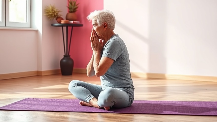 Serene older yoga practitioner in a twisted pose on a purple mat, promoting optimal health and wellness.