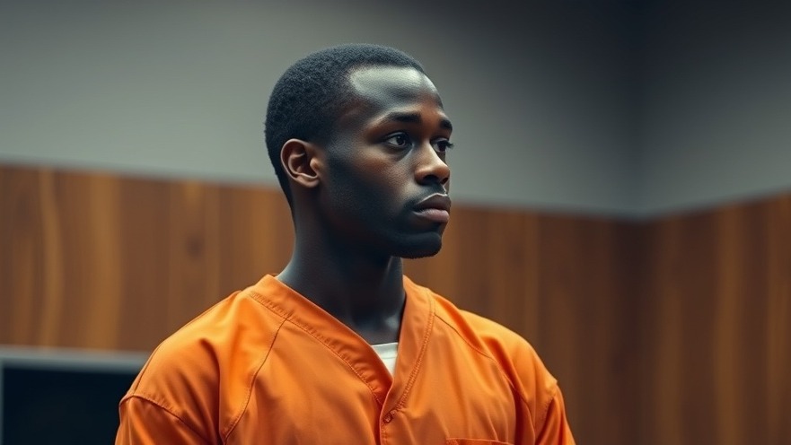 Young man in orange jumpsuit in a modern courtroom, reflecting on Houston shooting news.
