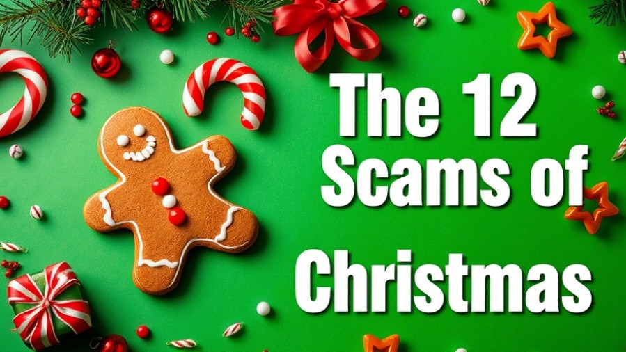 Colorful festive scene with gingerbread and candy cane warning against Christmas scams.