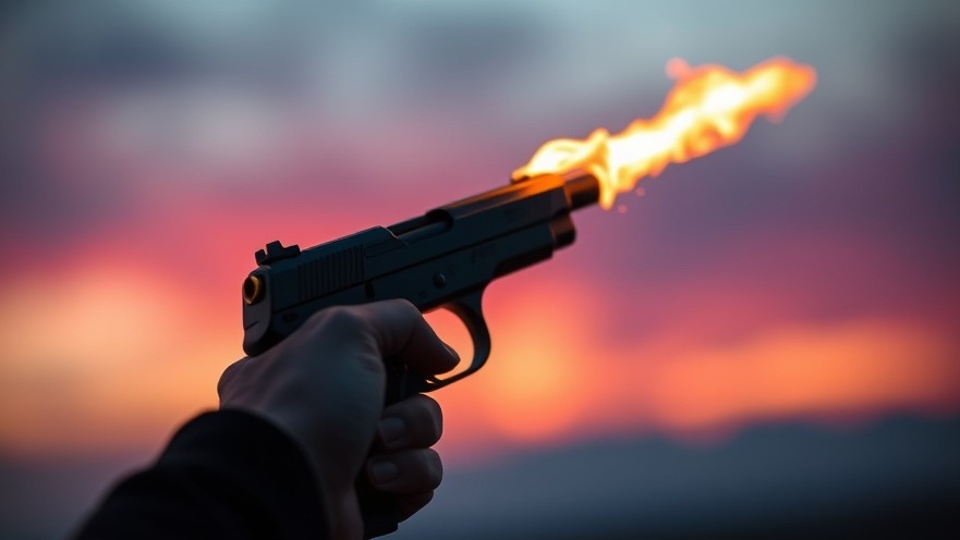 Hand holding a pistol emitting flames at twilight, reflecting Dallas crime news.