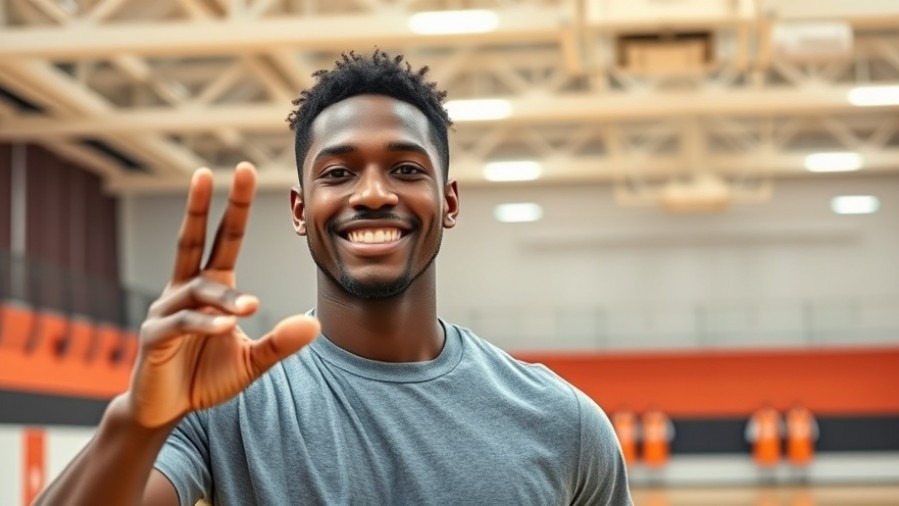 Smiling young black man in indoor sports facility showcasing Houston sports community.