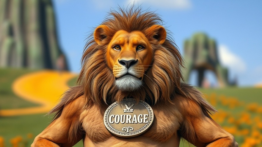 Cowardly lion from Wizard of Oz with a medal reading 'COURAGE' for mental health support.