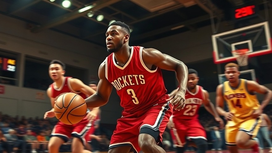 Energetic NBA action with Rockets player, vibrant colors and motion blur showcasing Houston sports news.