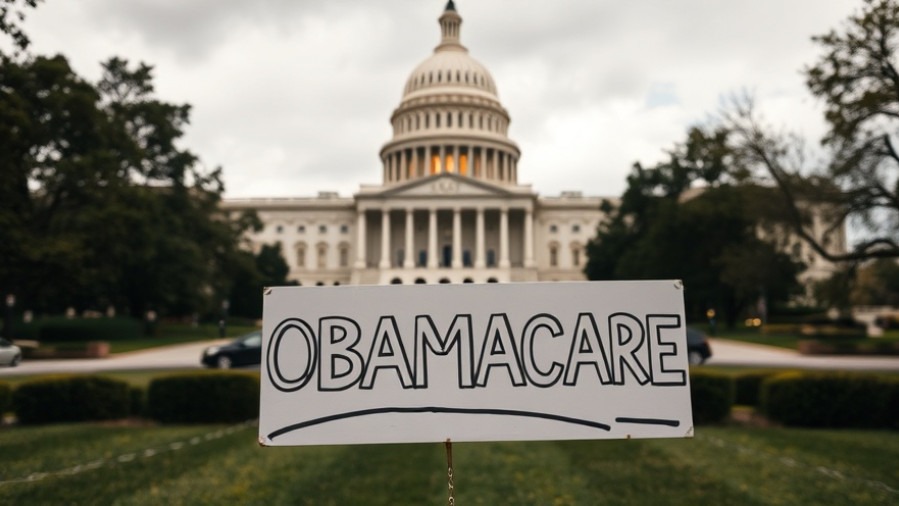 Sign reading 'OBAMACARE' in front of US Capitol, highlighting government shutdown impact on health insurance access.