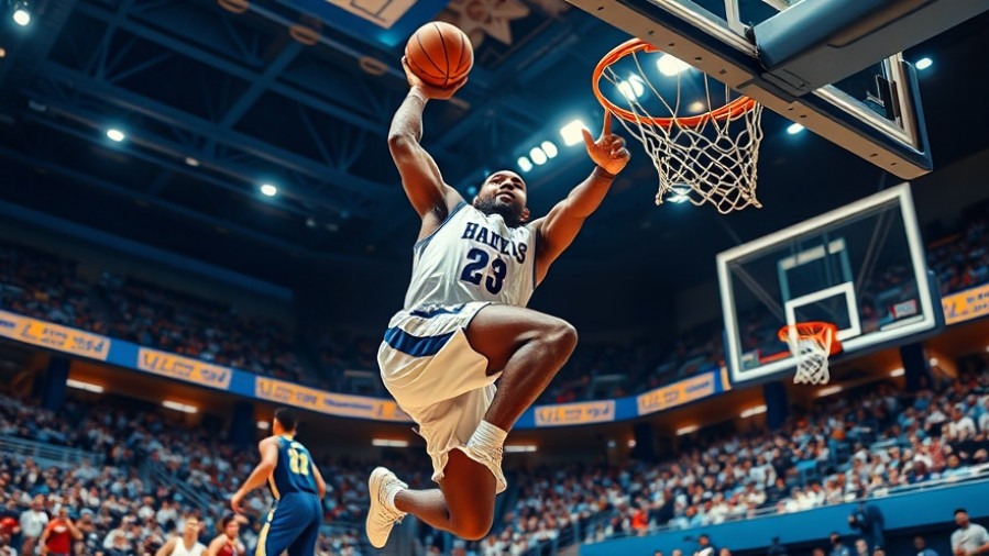 Energetic basketball player dunking in top NBA plays, vibrant arena with cheering crowd.