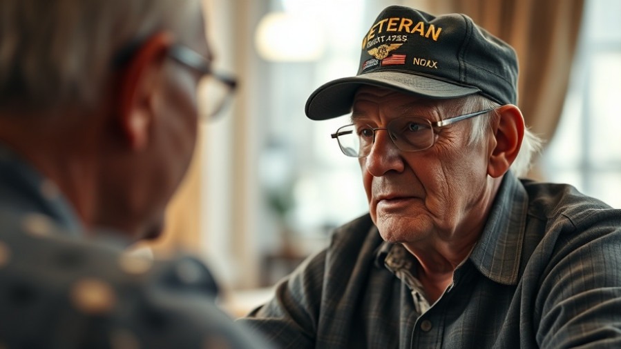 Elderly veteran discussing military support in San Antonio, warm indoor setting.