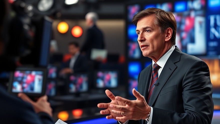 News anchor covering Biden public appearance in a vibrant TV studio setting.
