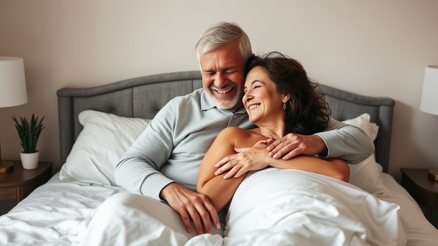 Older couple embracing at the foot of the bed, highlighting intimacy at any age.