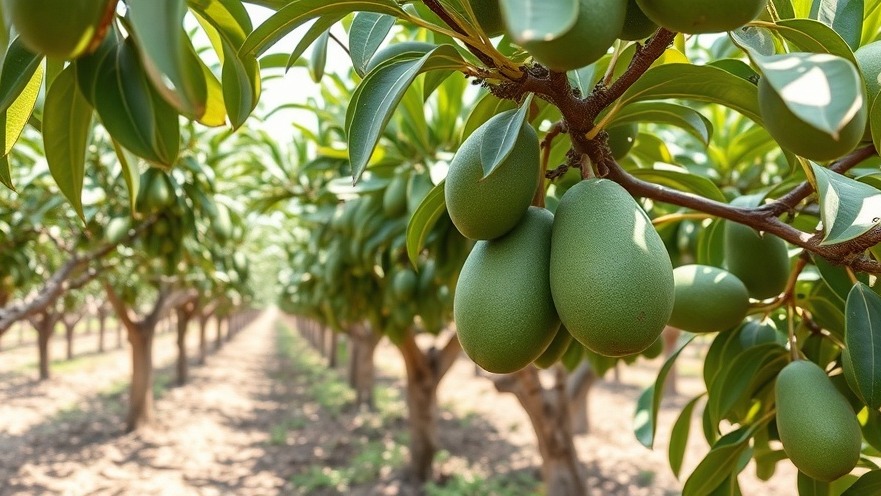 Avocado tree orchard promoting sustainable health habits and healthy eating routines.