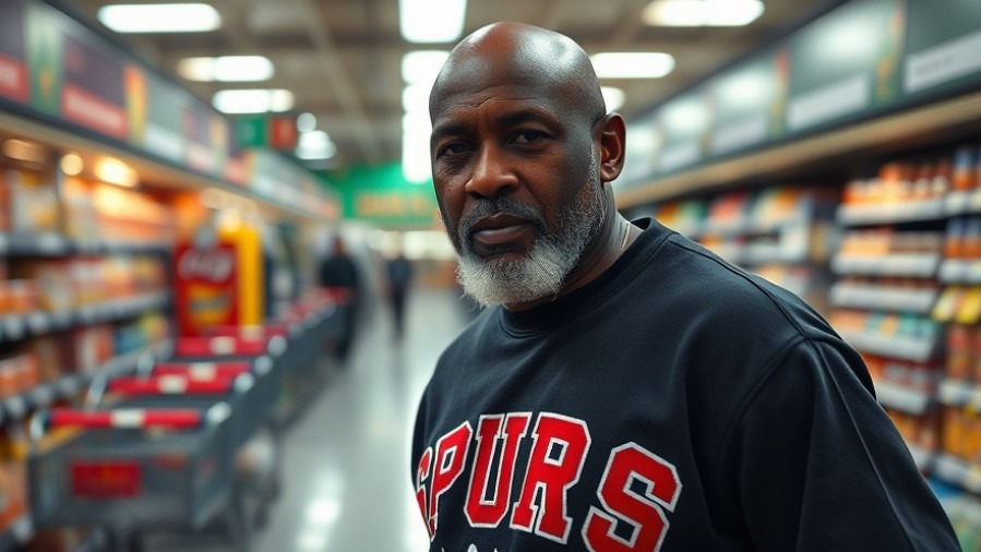 Bruce Bowen in Spurs sweatshirt, shopping at supermarket for community support.