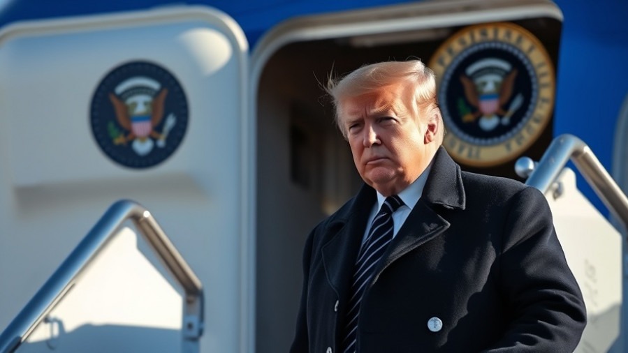 Determined Trump near aircraft exit, reflecting current events USA in winter's bright light.