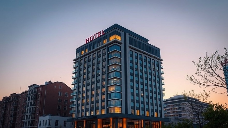 Luxurious hotel building in San Antonio, showcasing vibrant architecture and evening glow.