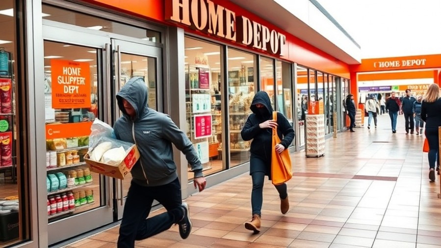 Shoplifters fleeing Home Depot with stolen goods highlighting U.S. crime trends.