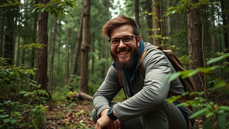 Young man in forest, smiling in outdoor gear during Minneapolis protests.