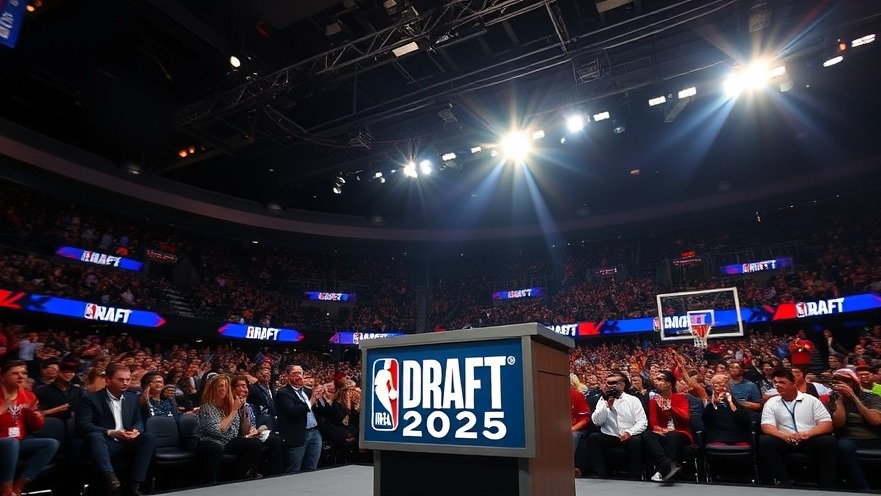 Dynamic NBA Draft 2025 stage with bright lights and excited audience, highlighting rookie player impact.