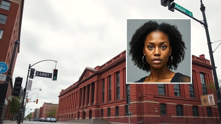 Photorealistic image of a courthouse with inset portrait, highlighting Texas news on felony theft.