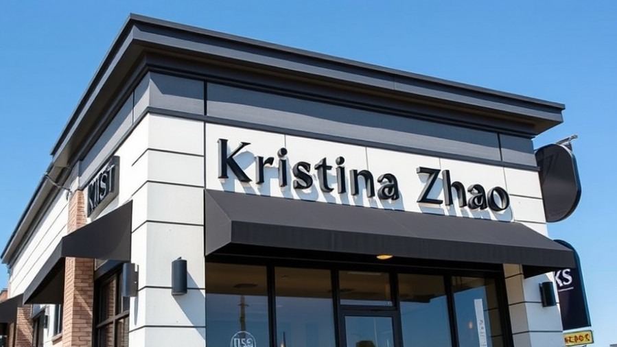 Stylish modern restaurant exterior in San Antonio, featuring bold signage 'Kristina Zhao'.