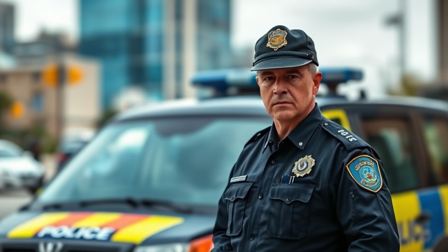 Police officer promoting Austin pedestrian safety amid vibrant city backdrop.