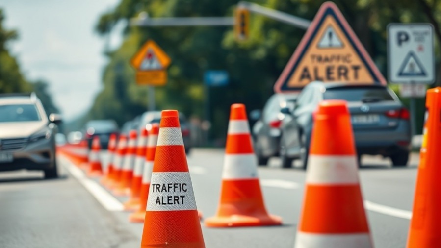 Photorealistic traffic cones on a busy road with vibrant colors and clear alert sign.