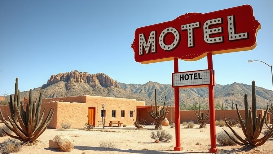 Vintage red motel sign in a desert with yucca plants, ideal for summer adventure travel.