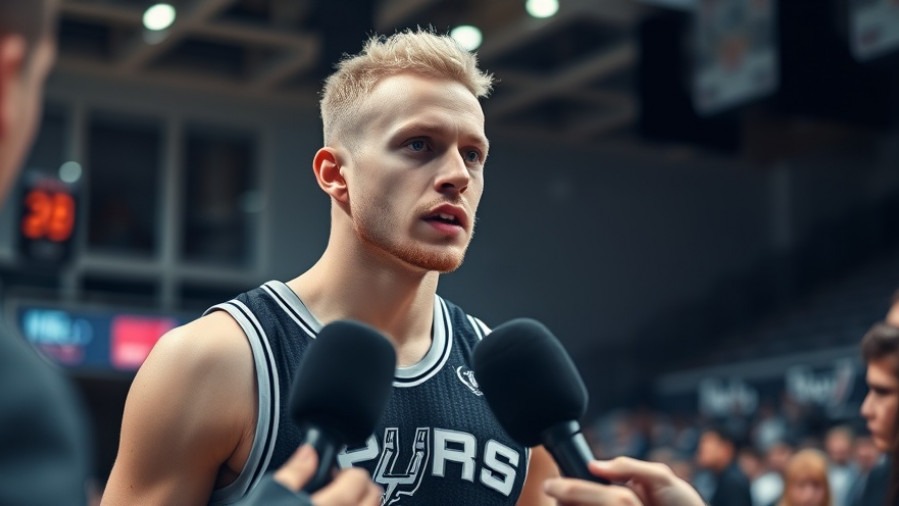 Focused white basketball player in Spurs jersey discussing teamwork and defensive strategy.