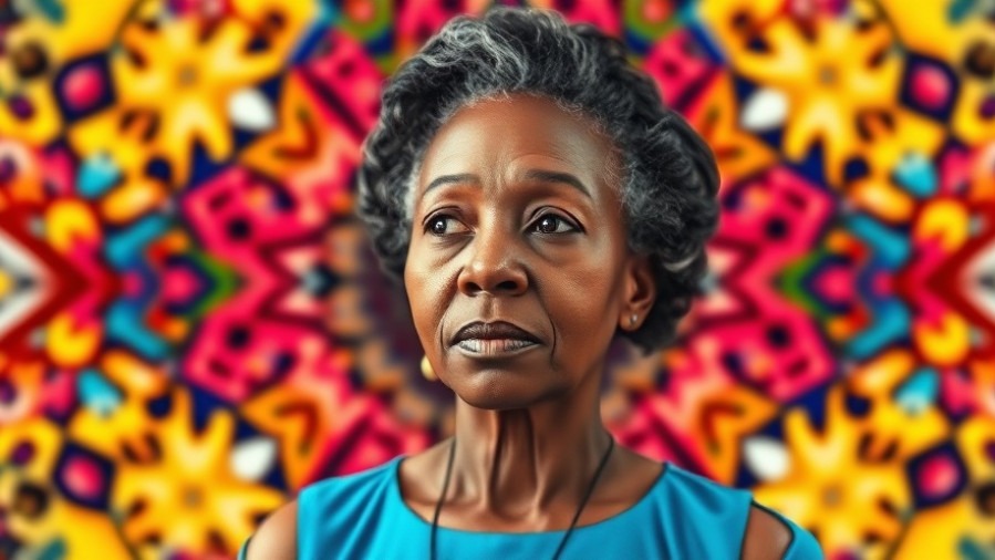 Thoughtful senior woman in blue dress, exploring mindfulness techniques for stress relief.