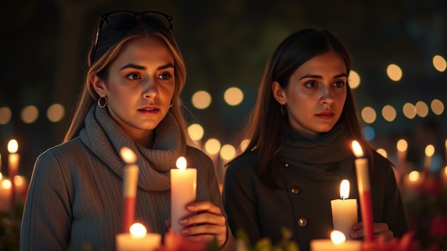 Community support for mental health: Two women at a candlelit memorial for gun violence awareness.