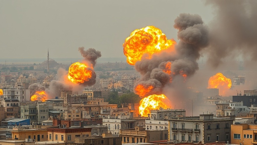 Middle Eastern city engulfed in smoke from bomb explosions, reflecting military engagement and US foreign policy implications.