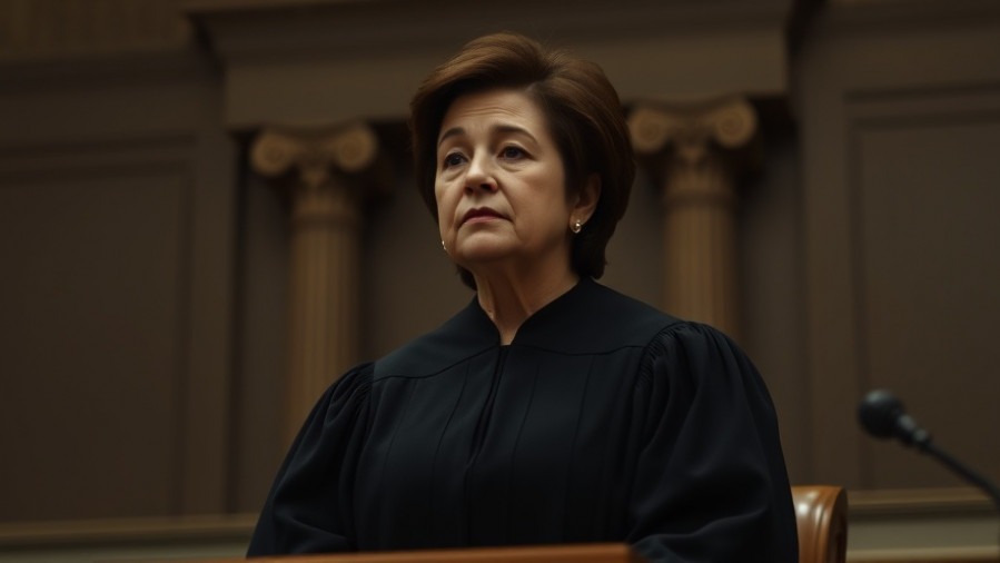 Somber Hispanic Supreme Court Justice Elena Kagan in black robe on asylum policies USA.