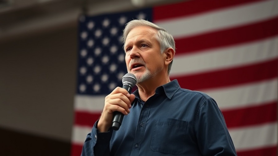 Middle-aged man discussing Texas abortion law with microphone in front of American flag.